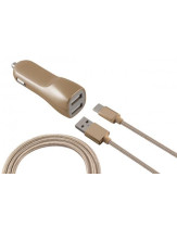 CARGADOR COCHE KSIX 2 USB 2.1A+CABLE DORADO